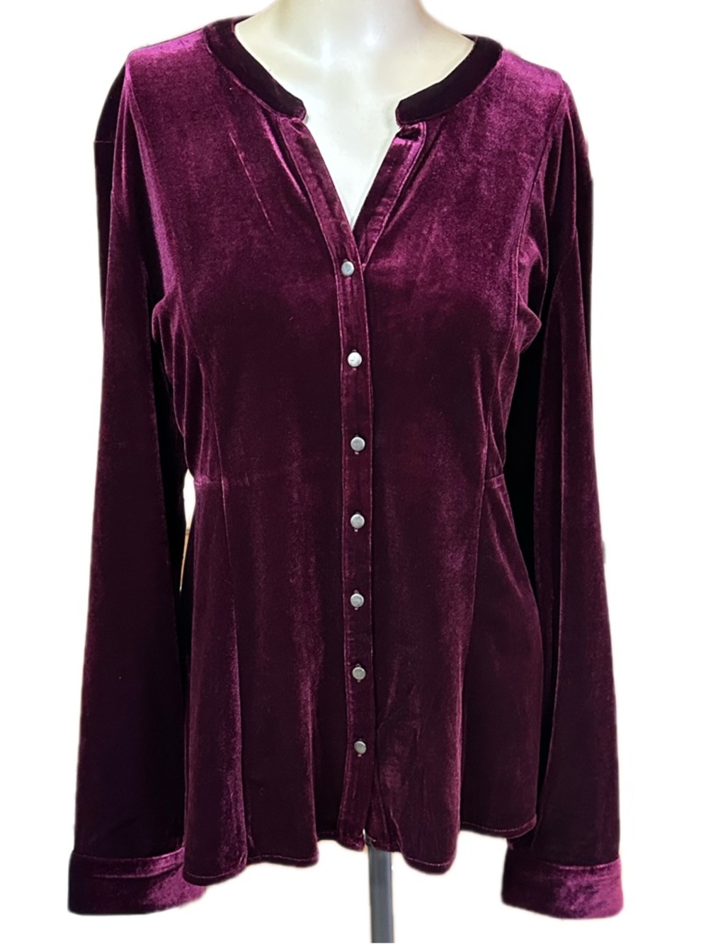 Amanda Blu XL Plum Velvet Button Up Blouse High Low Hem Long Sleeve